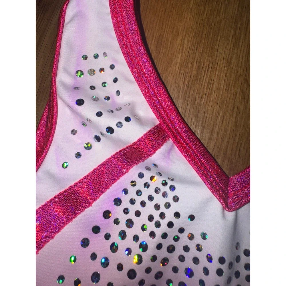 GK Elite Girls Gymnastics Leotard Pink White Ombre Rhinestone Sparkle Size CM